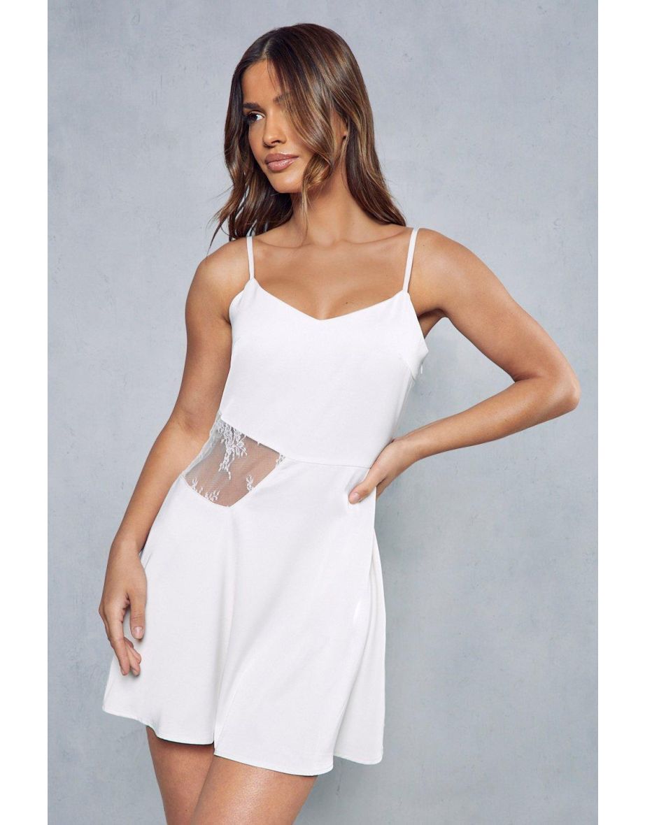 Satin Plunge Neck Lace Insert Mini Slip Dress