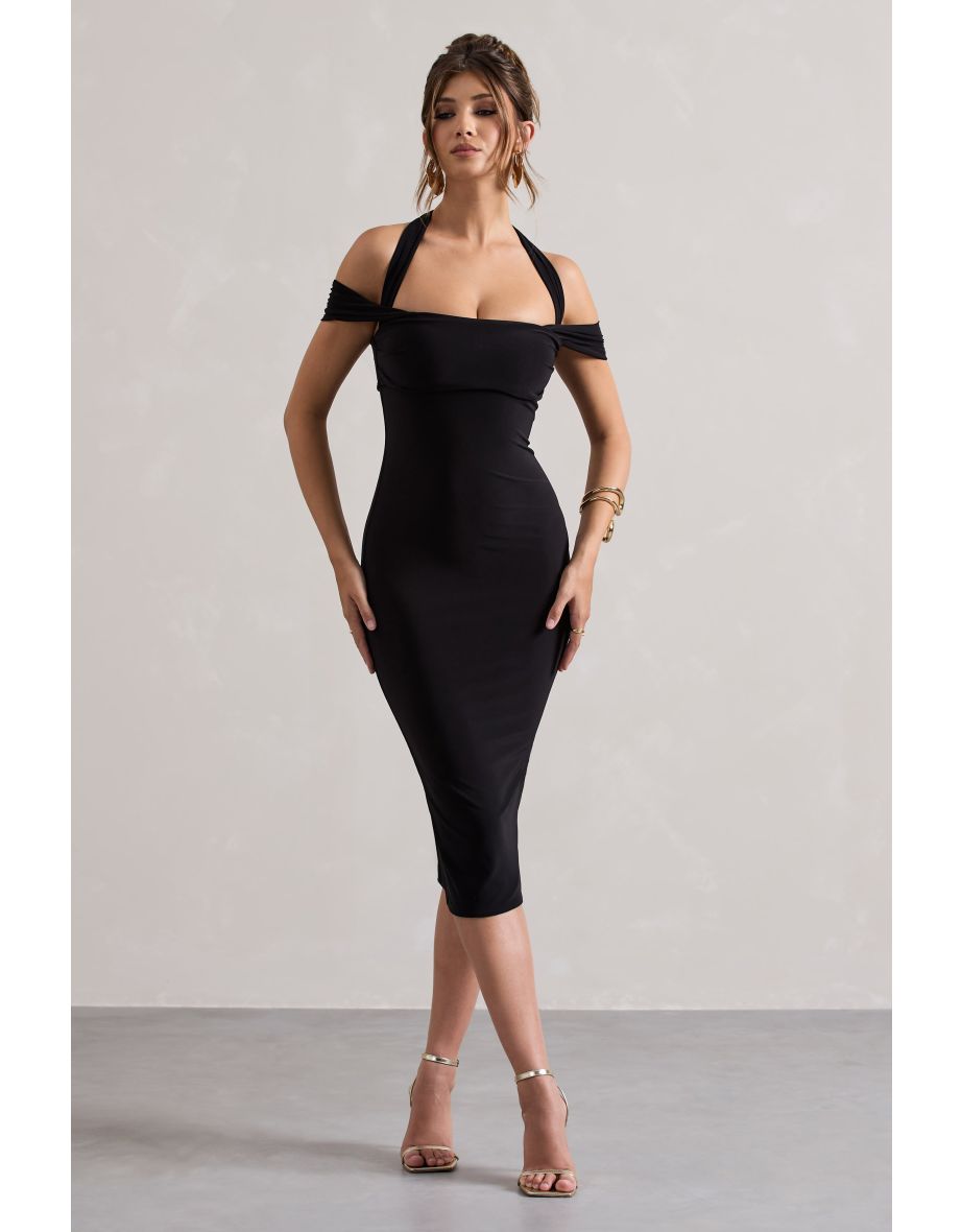 Marla | Black Halter-Neck Draped-Sleeve Dress - 4