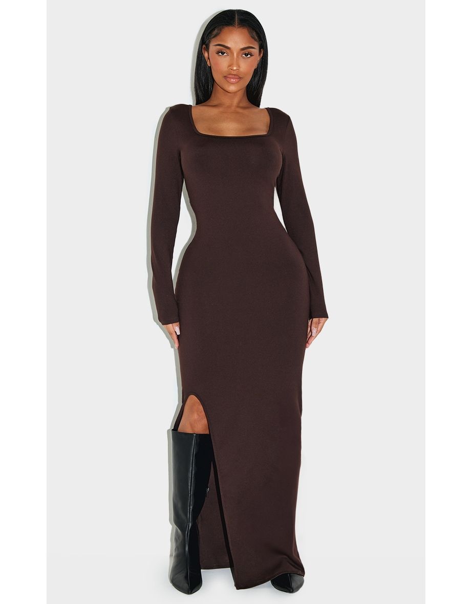 Shape Chocolate Sculpt Square Neck Side Split Ruched Bum Maxi Dress