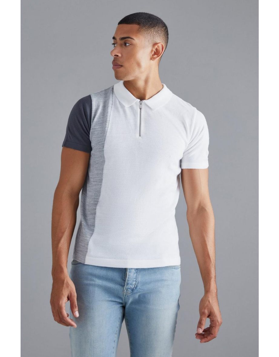 Short Sleeve Half Zip Colour Block Knit Polo - grey