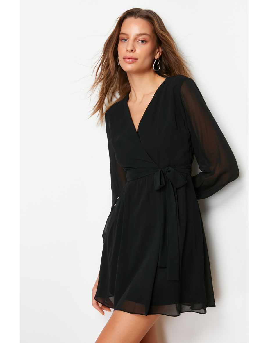 Black Petite Chiffon A-Line Mini Dress with Long Sleeves - 9