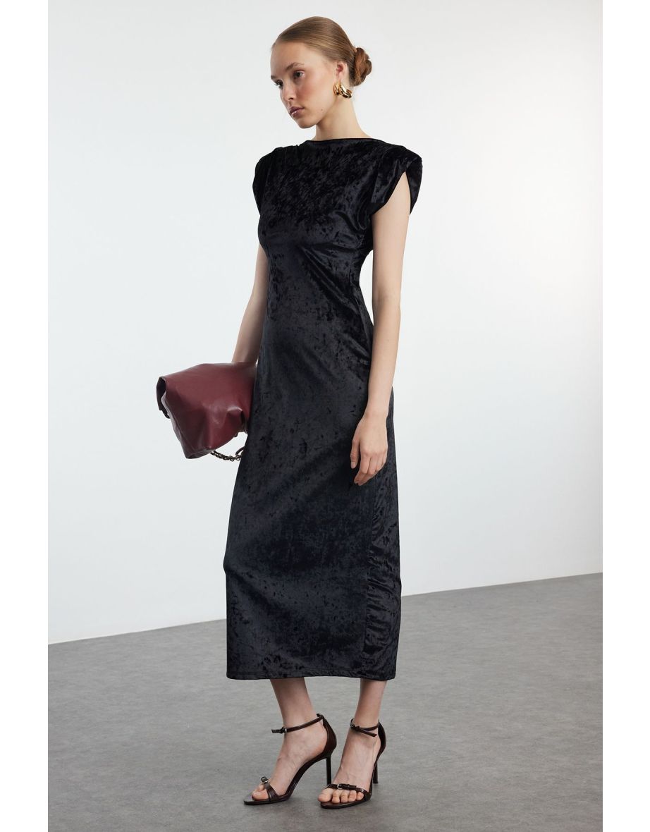 Black Plain Bodycone/Fitting Padded Maxi Stretchy Knitted Dress