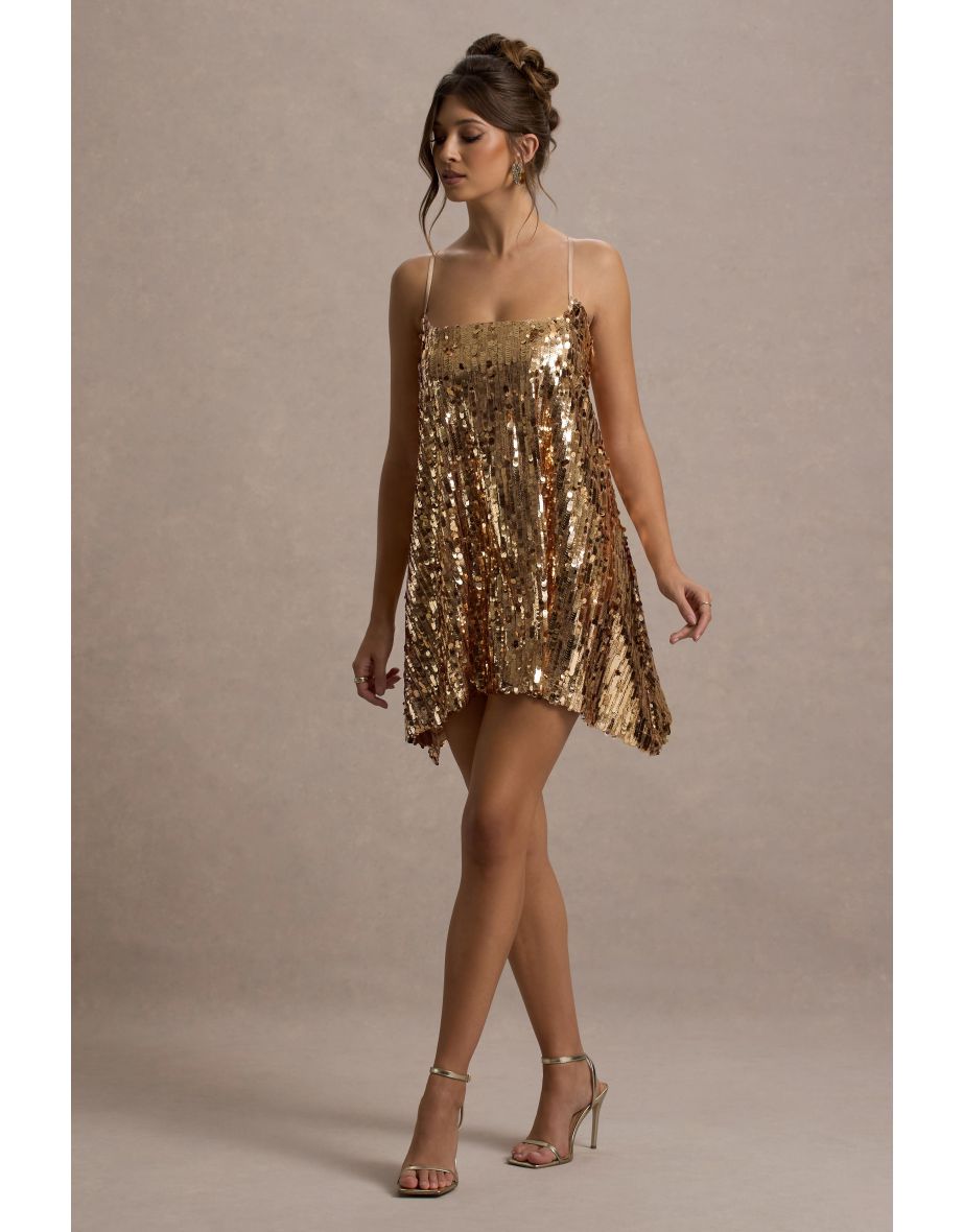 Nevada | Gold Embellished Strappy Halter-Neck Mini Dress