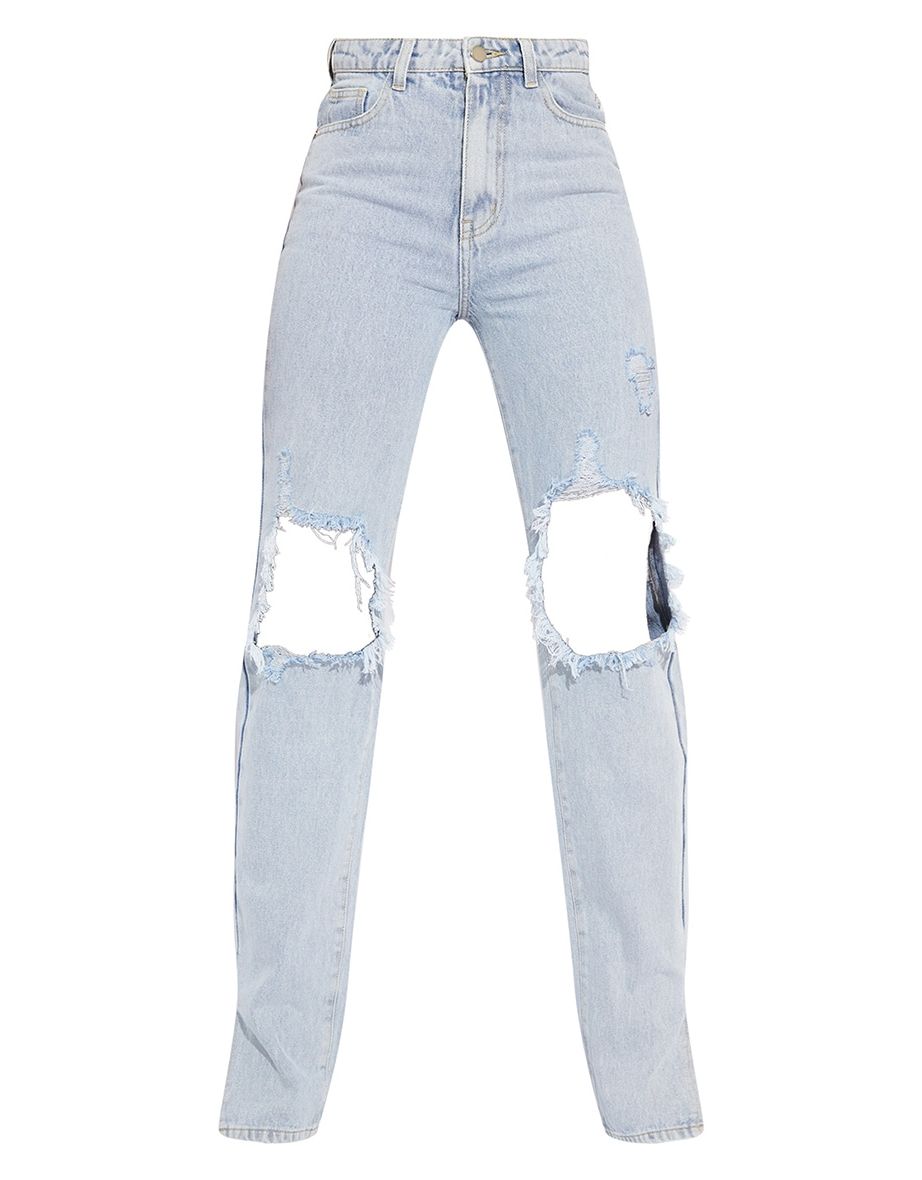 Tall Light Blue Distressed Knee Split Hem Denim Jean - 4