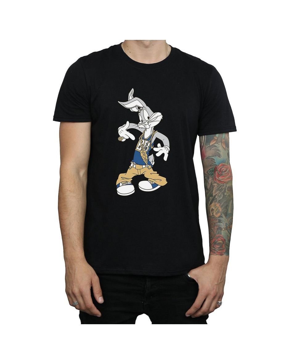 Looney Tunes Mens Rapper Bugs Bunny Cotton T-Shirt - Black
