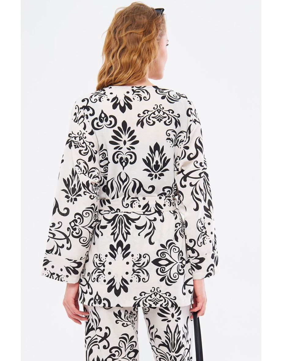Women's Black Dio Kimono Patterned Belted Pocket Detailed Linen Look - 3