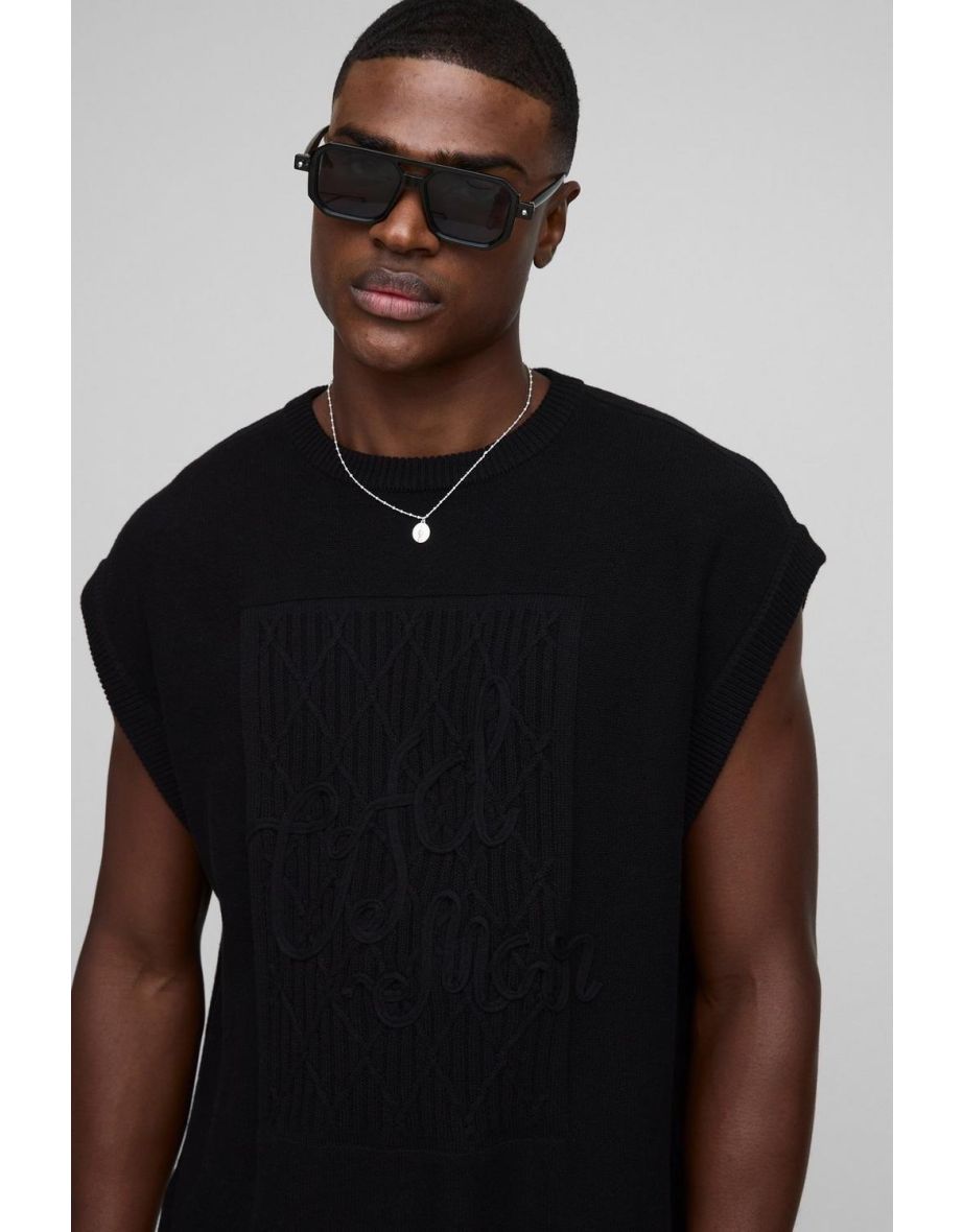 Man Oversized Crew Neck Rope Embroidered Knitted Vest - 2