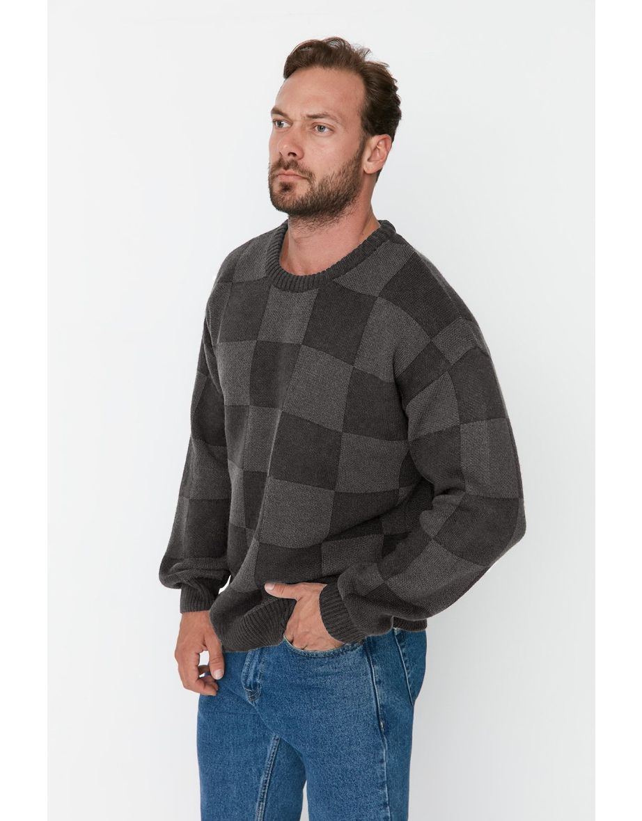 Black  Oversize Wide Pattern Crew Neck Plaid Knitwear Sweater - 5