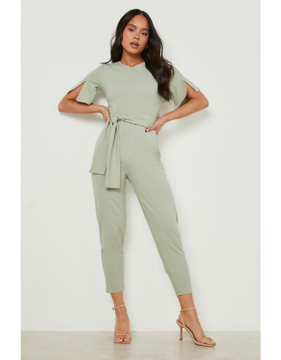 Petite Cape Sleeve Belted Tailored Jumpsuit