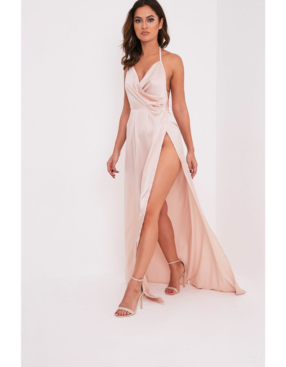 Lucie Champagne Silky Plunge Extreme Split Maxi Dress - 4