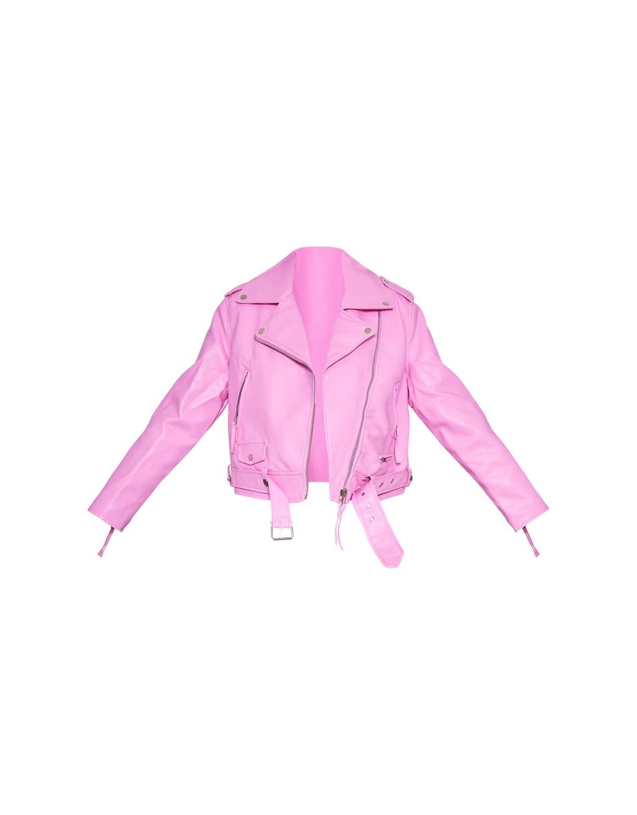 Pink Oversized Faux Leather Quilted Biker Jacket - 4