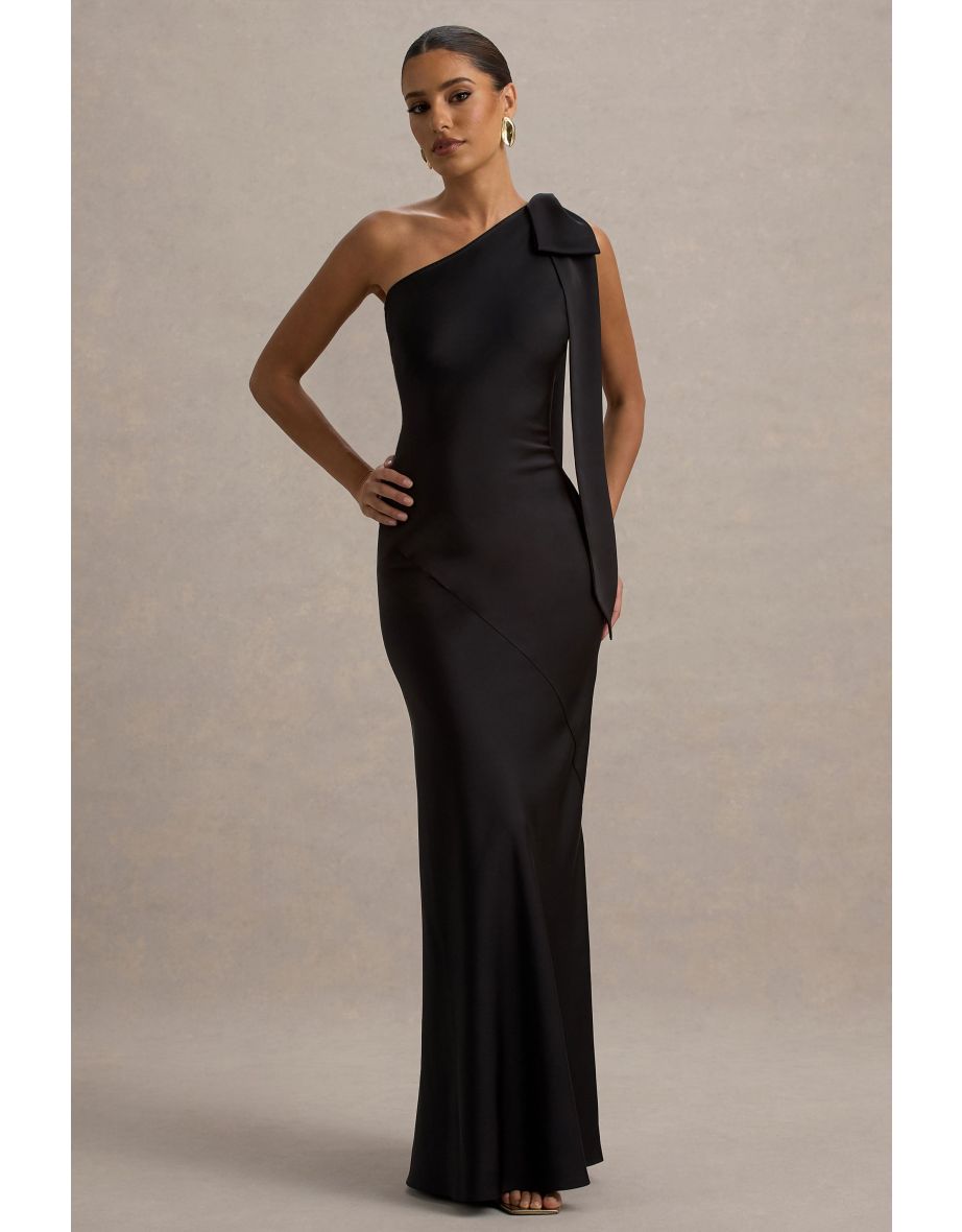 Here For Love | Black Satin Asymmetric Maxi Dress With Bow - 5