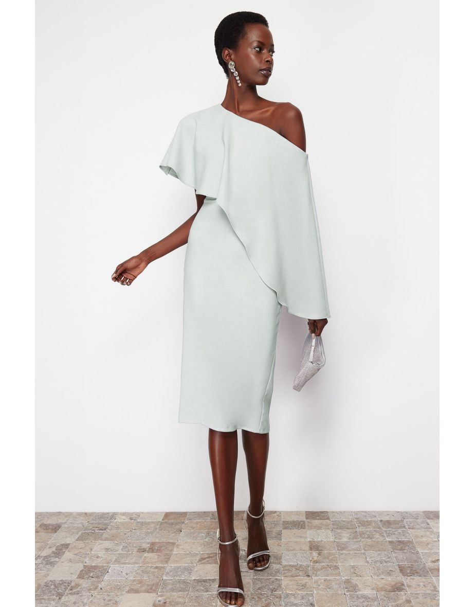 Mint Cape Detailed Woven Elegant Evening Dress