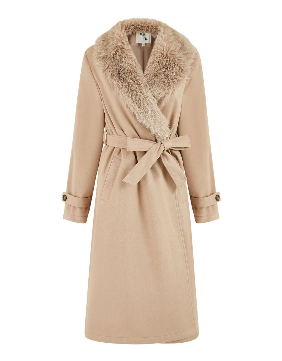 Yumi Beige Wrap Around Coat With Faux Fur Collar - 5