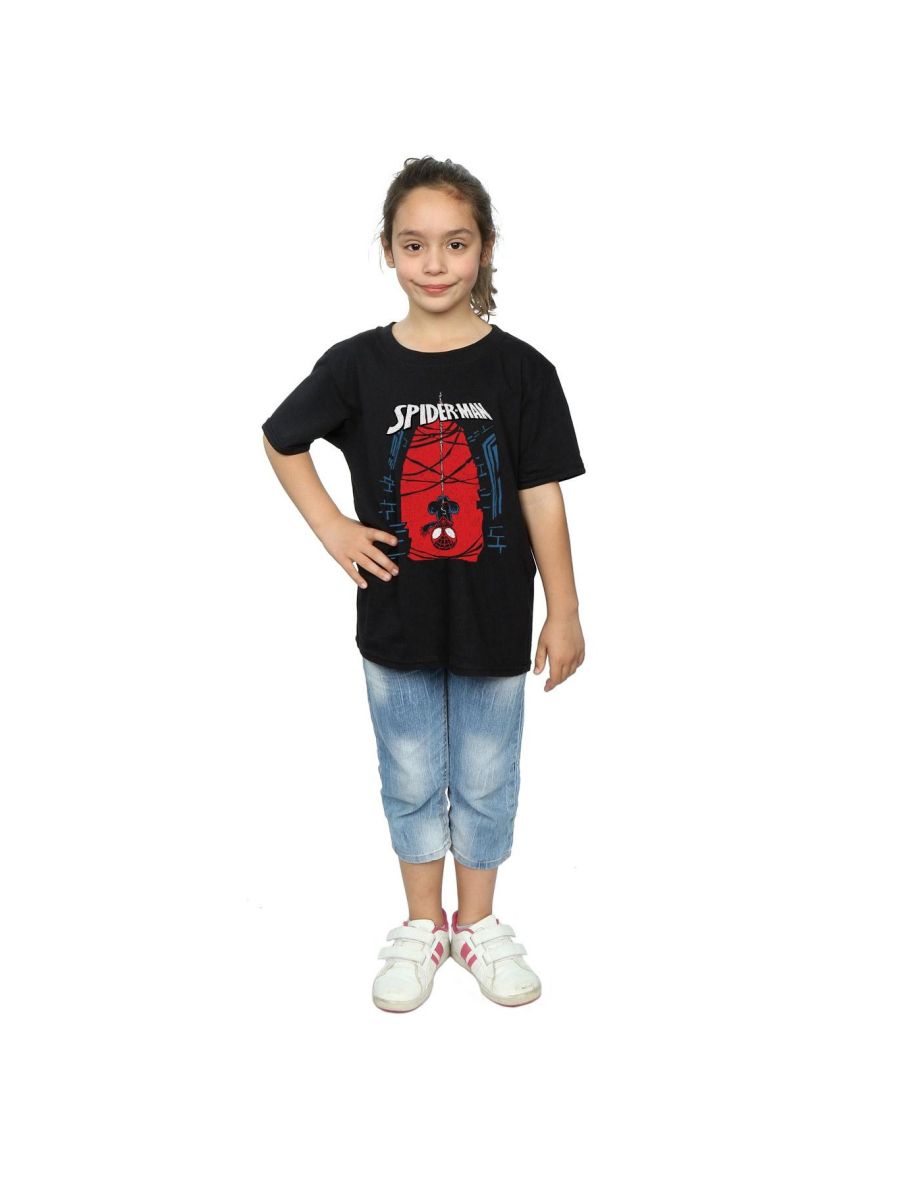 Marvel Girls Spider-Man Hanging Sketch Cotton T-Shirt - Black
