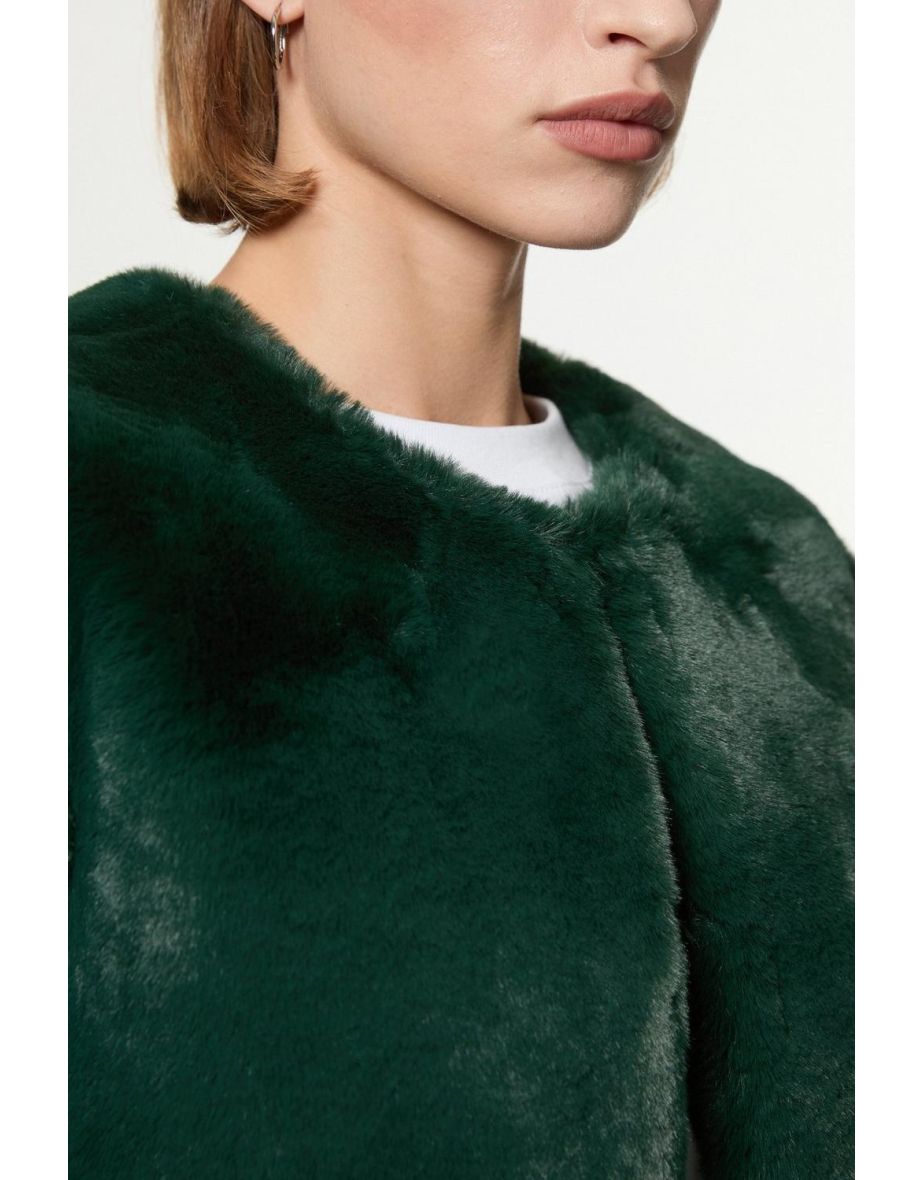 Collarless Faux Fur Jacket - 3