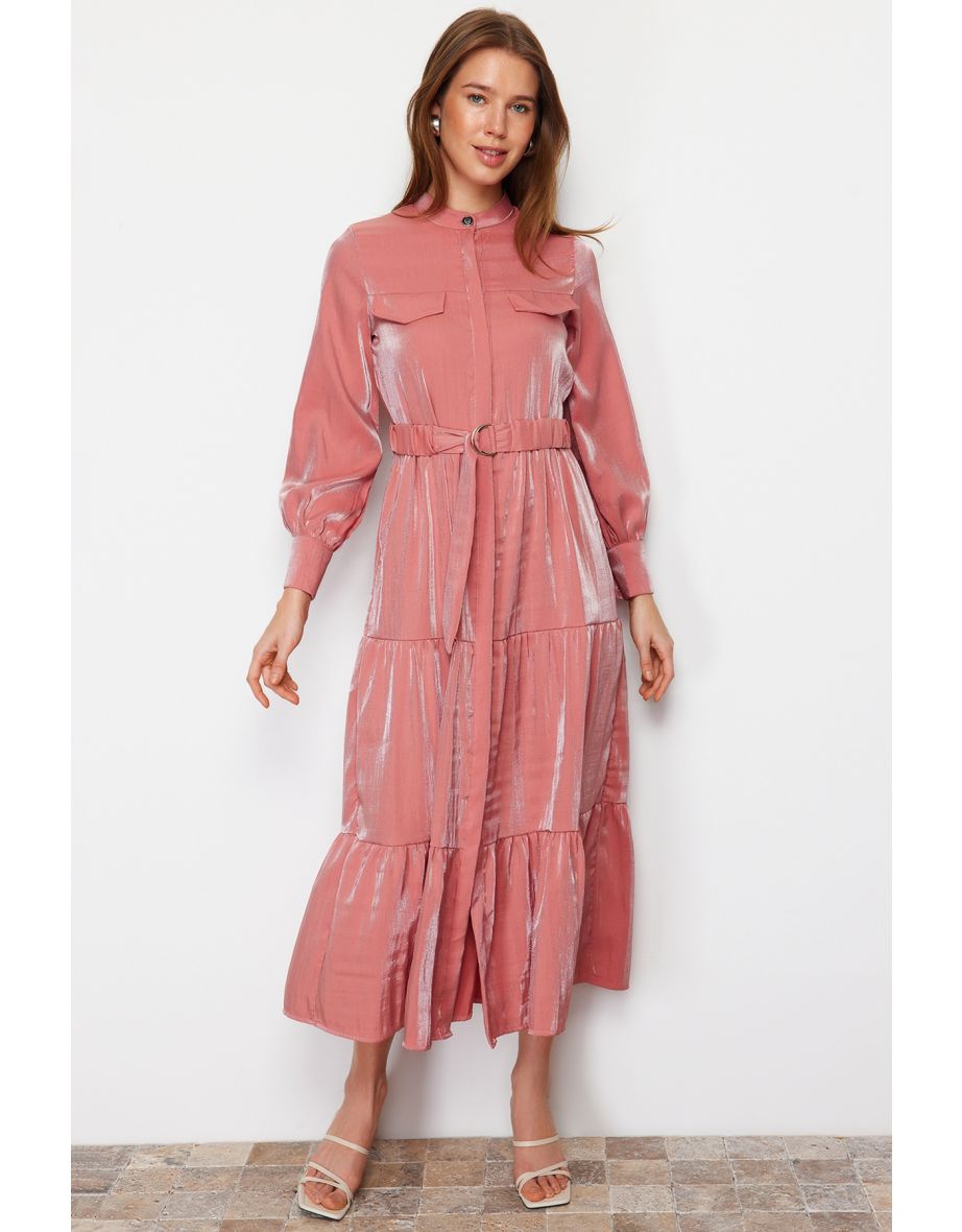 Pale Pink Shiny Satin Belt Detailed Skirt Frilly Woven Dress