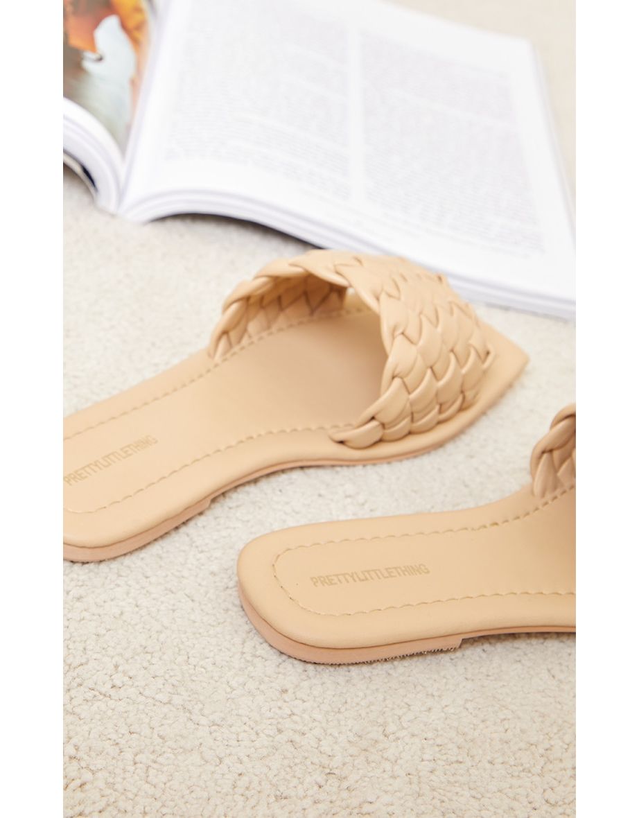 Nude Real Leather Square Toe Chunky Basket Weave Mule Sandals - 3