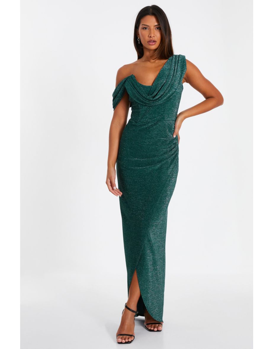 Bottle Green Shimmer Asymmetric Cowl Neck Dress