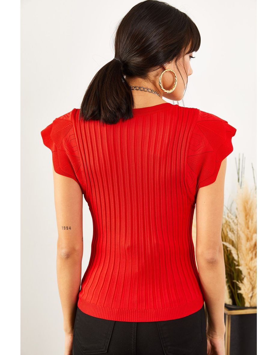 Women's Red Butterfly Sleeve V-Neck Knitwear Blouse - 3