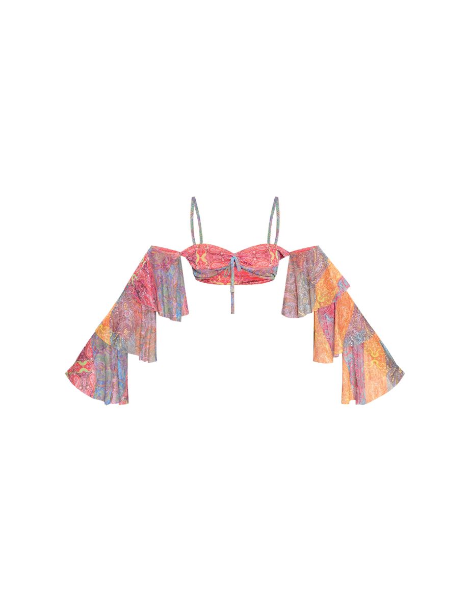 Multi Patchwork Printed Mesh Long Sleeve Crop Top - 4