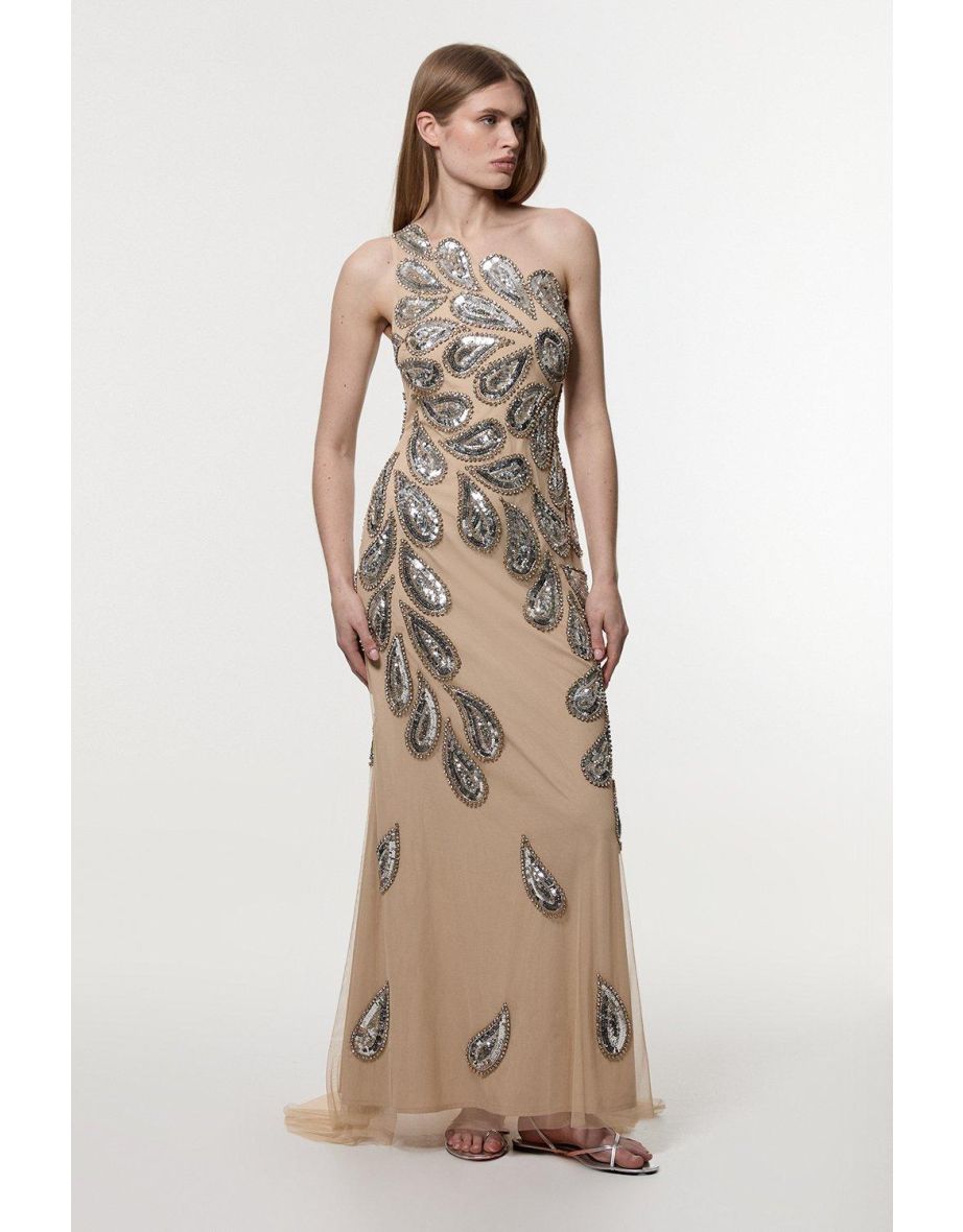 Paisley Embellished One Shoulder Maxi Dress