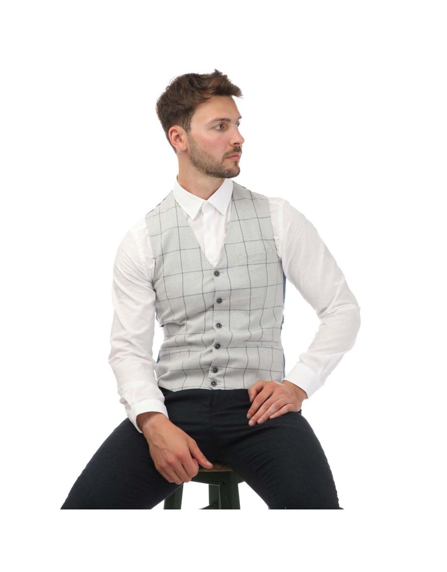 Men's Guide London Italian Cotton and Wool Blend Check Waistcoat in Grey - 3