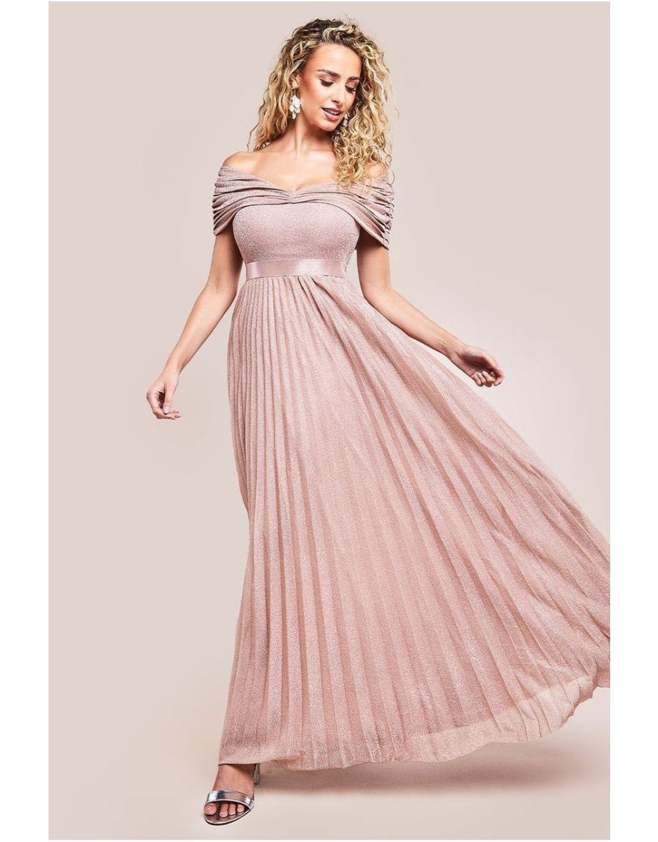 Goddiva Bardot Pleated Skirt Maxi Dress