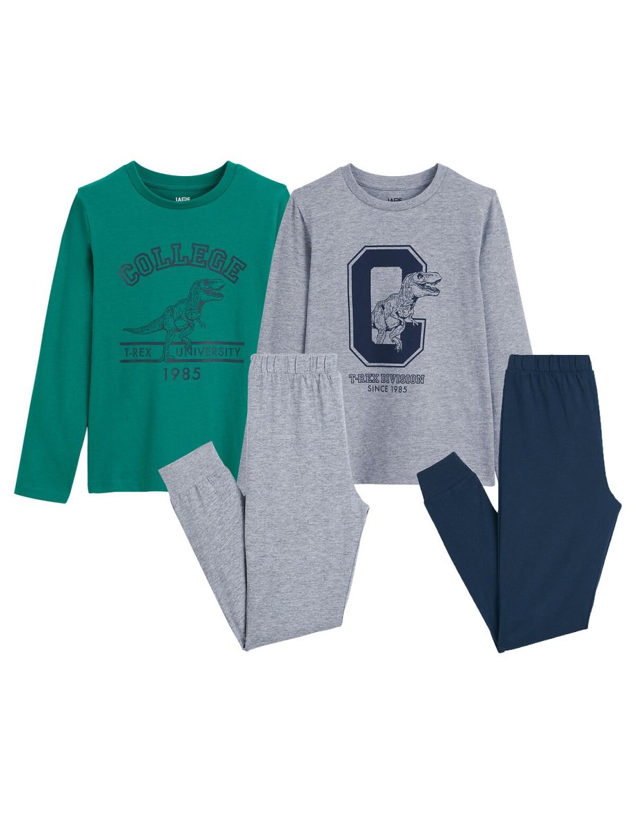 Pack of 2 Pyjamas in Cotton with Dinosaur Campus Print