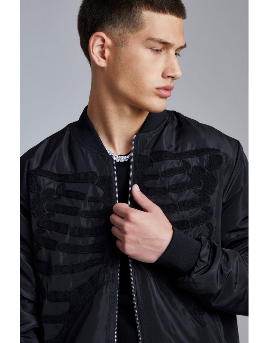 Nylon Tonal Jacquard Skeleton Bomber - black - 2