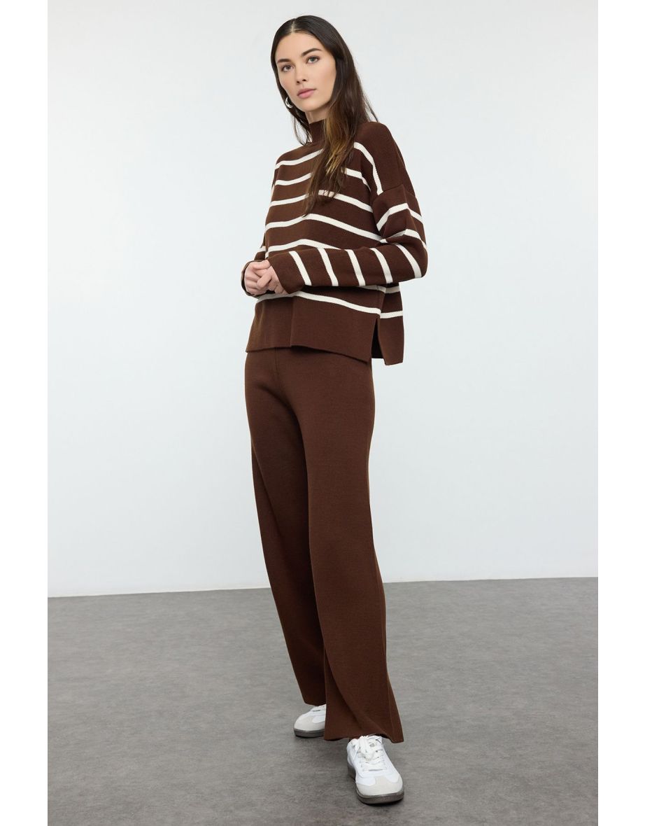 Brown Striped Knitted Trousers Bottom-Top Set