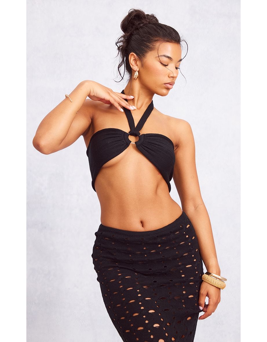 Black Ring Detail Halter Tie Knit Bralette