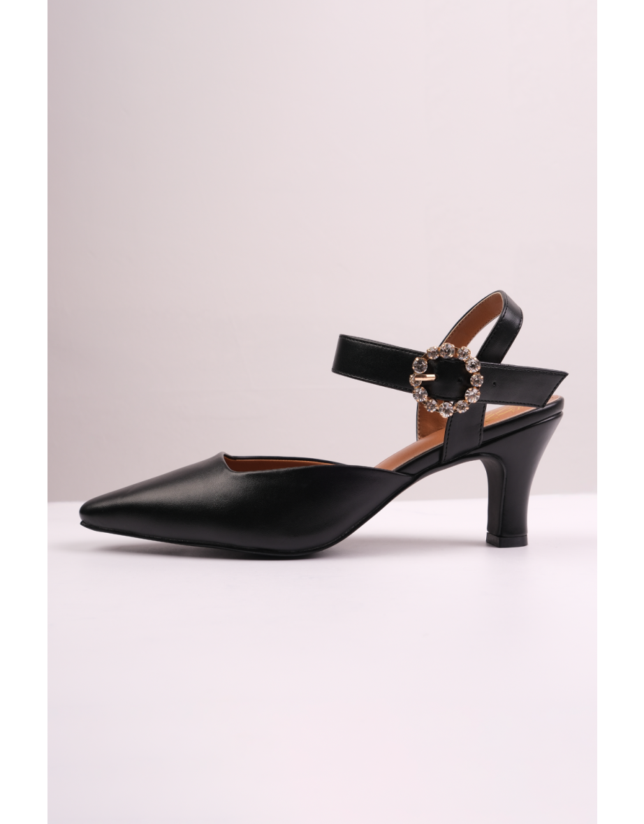 NEW FORM MID HEEL SANDALS WITH DIAMANTE BUCKLE DETAIL IN BLACK FAUX LEATHER - 2