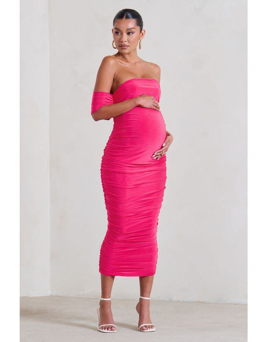 Hot Pink Ruched Maternity Bardot Midi Dress