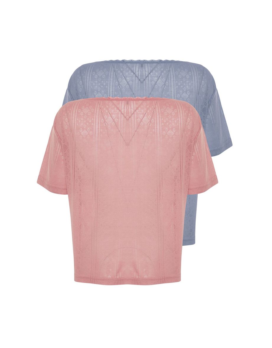 Multi-Colored 2-Pack Pointel Openwork/Hole Knitted Pajamas Top - 8