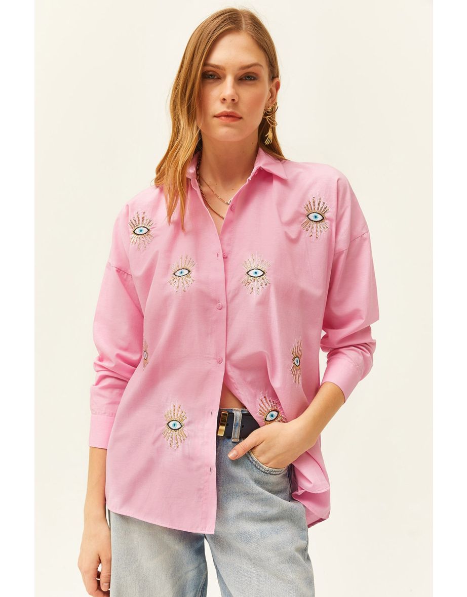 Women's Candy Pink Sequin Detailed Woven Boyfriend Shirt