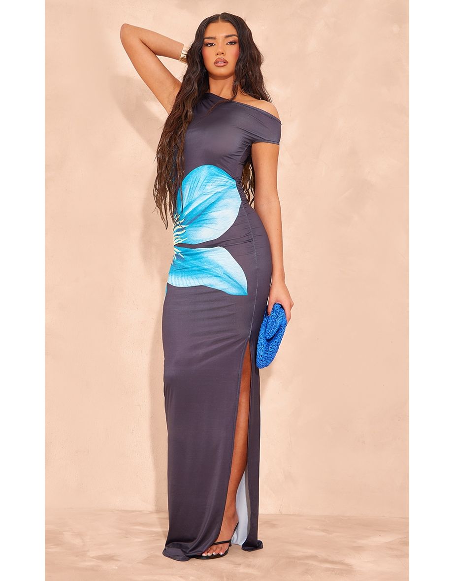 Shop Blue Printed Slinky Bardot One Shoulder Cut Out Maxi Dress Online in Qatar VogaCloset