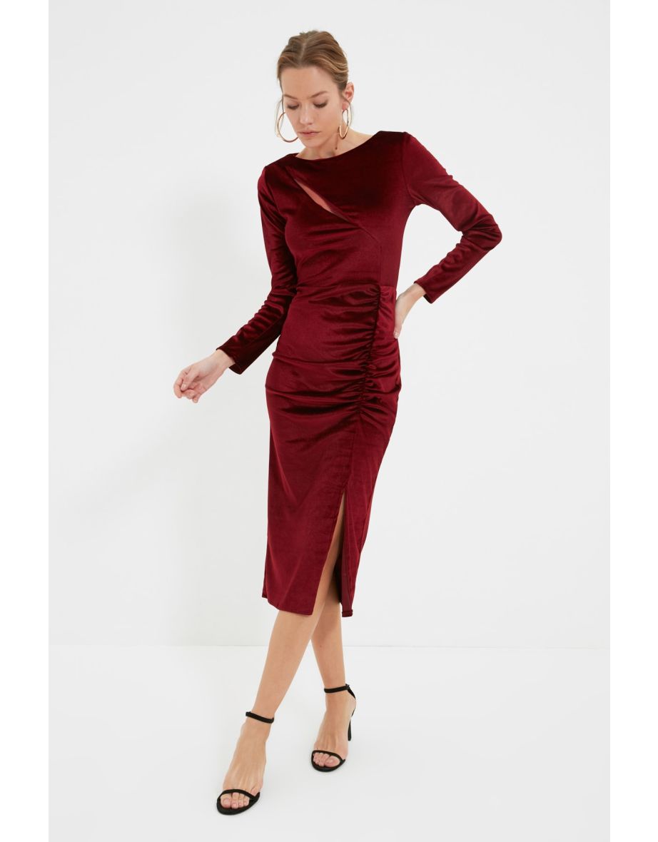 Red Velvet Ruched Column Midaxi Party Dress