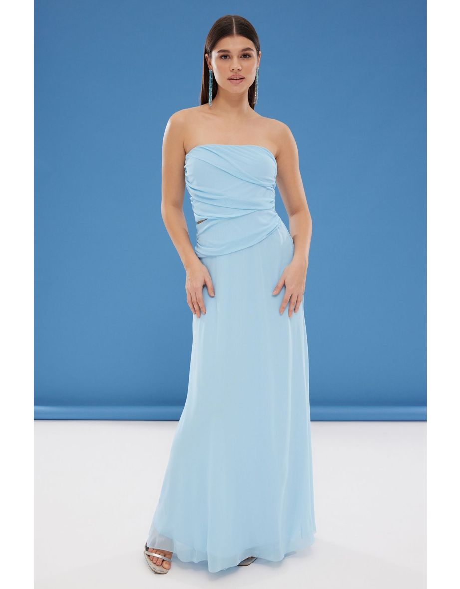 Ice Blue A-Cut Scarf Detail Tulle Knitted Long Evening Dress