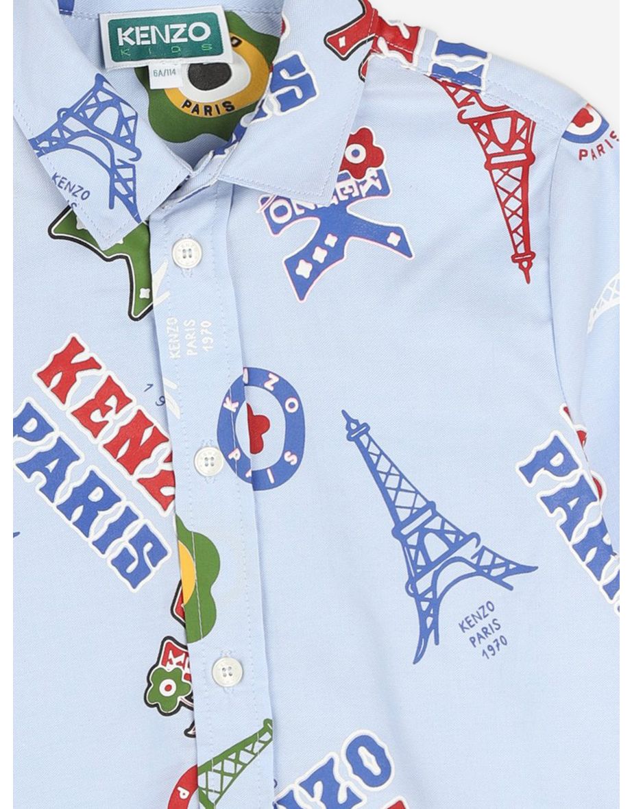 KENZO Boys Logo Print Oxford Shirt in Blue - 3