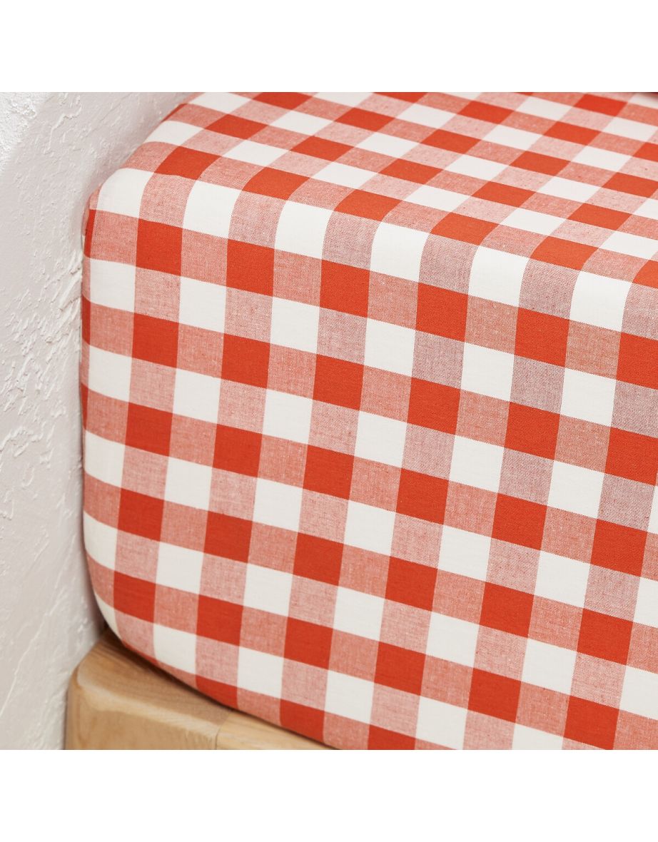 Veldi Orange Gingham 30cm High 100% Cotton Fitted Sheet - 1