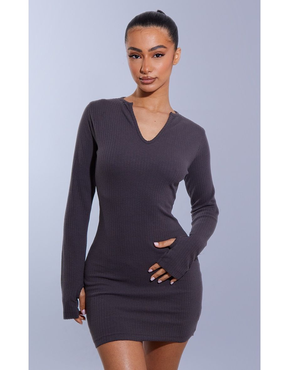 Basic Black Long Sleeve Thumb Hole Bodycon Dress