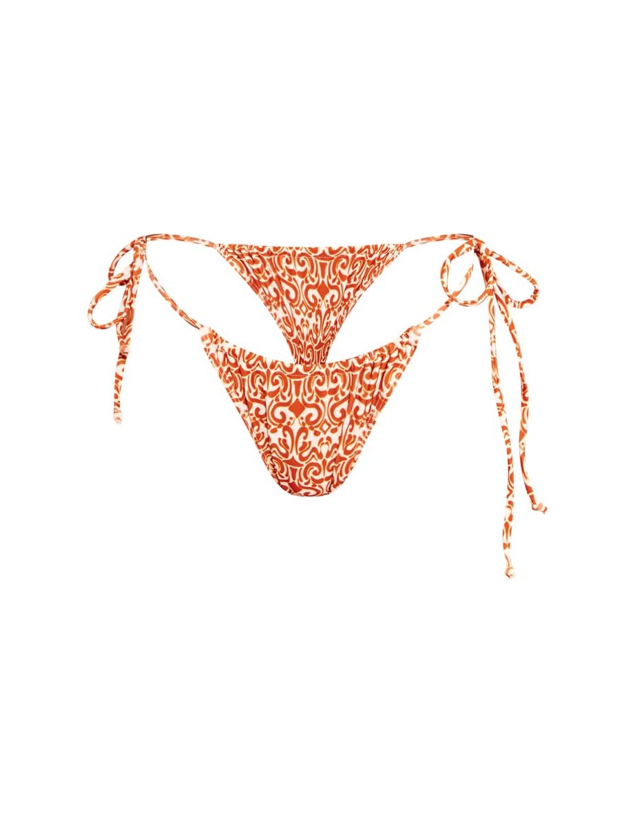 Brown Swirl Outline Print Tie Side Bikini Bottoms - 4