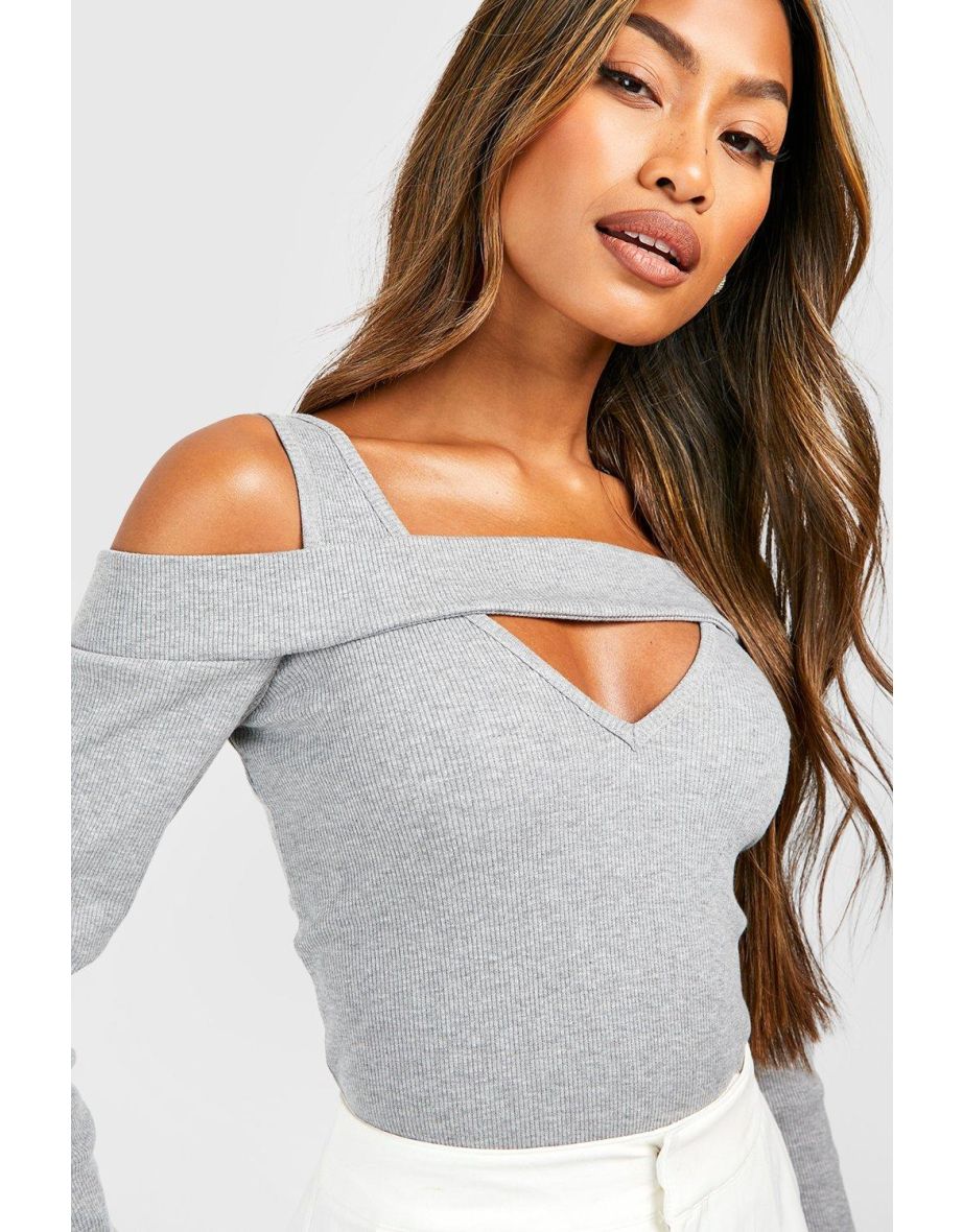 Cut Out Cold Shoulder Ribbed Top - grey - 3
