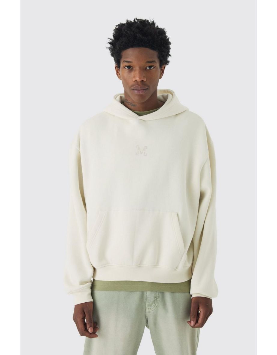 330GSM Oversized Boxy M Flocked Hoodie - ecru