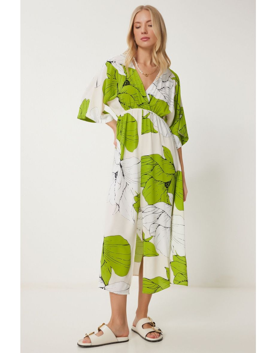 Women's Green White Wrap Collar Patterned Summer Viscose Dress