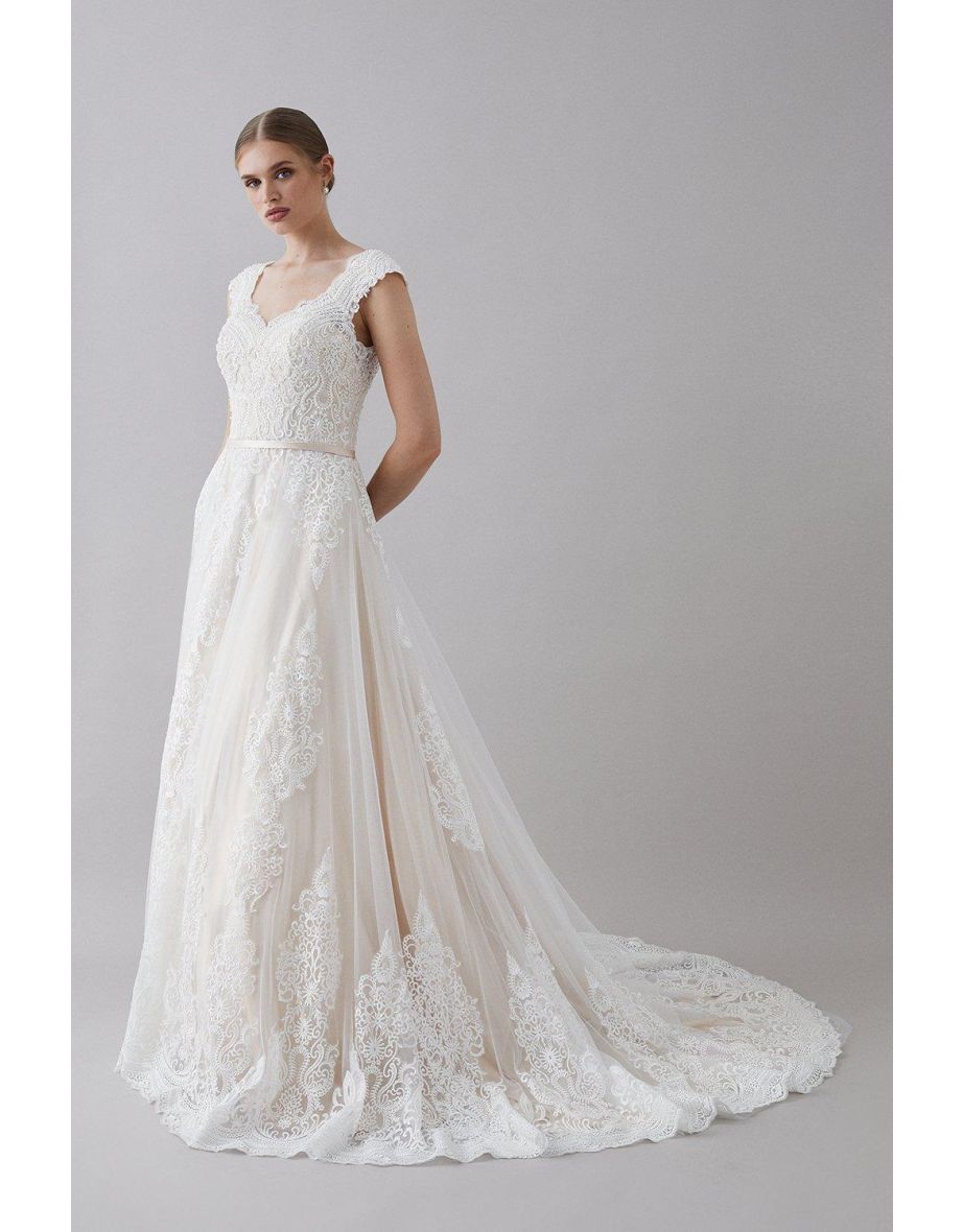Pearl Embellished Lace Bardot Sweetheart Wedding Dress