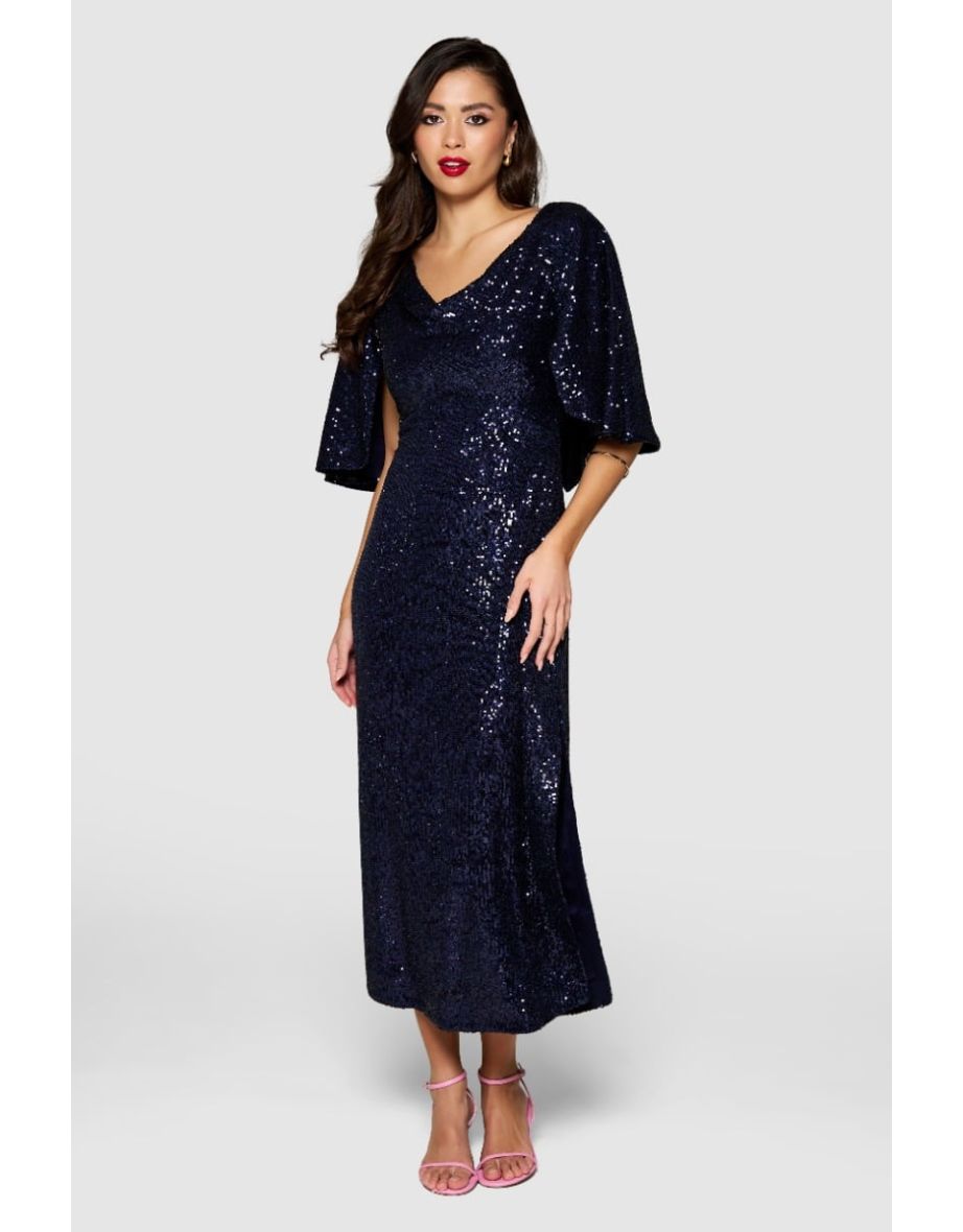 Closet London Navy Cowl Neck Cape Dress