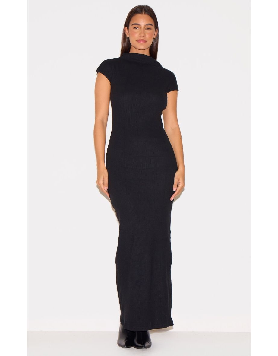 Black High Neck Cap Sleeve Maxi Dress