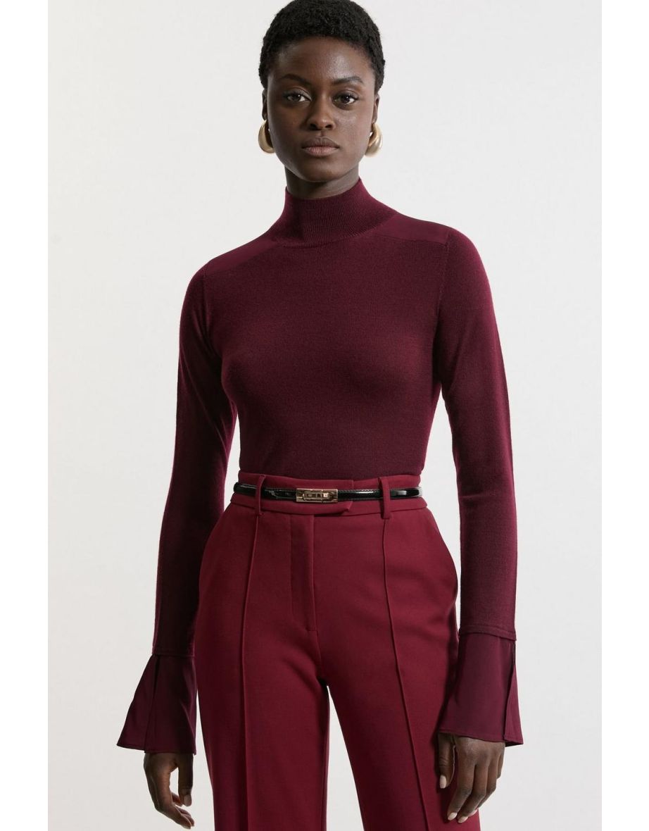 Merino Wool Blend Knit Jumper With Silk Cuffs